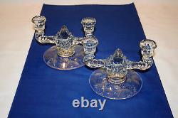 Vintage New Martinsville Etched Flower Glass Double Candlestick Holders Prelude