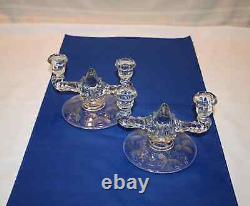 Vintage New Martinsville Etched Flower Glass Double Candlestick Holders Prelude