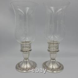 Vintage Newport Sterling Silver Weighted Candle Holders Etched Glass Shades Pair