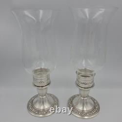 Vintage Newport Sterling Silver Weighted Candle Holders Etched Glass Shades Pair