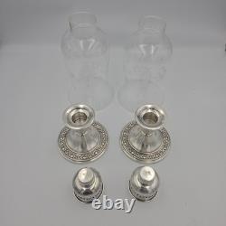 Vintage Newport Sterling Silver Weighted Candle Holders Etched Glass Shades Pair