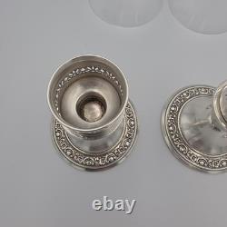 Vintage Newport Sterling Silver Weighted Candle Holders Etched Glass Shades Pair