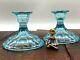 Vintage Old Decorative Pair Of Matching Blue Thick Cut Glass Candlesticks