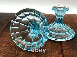 Vintage Old Decorative Pair of Matching Blue Thick Cut Glass Candlesticks