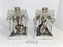 Vintage Ornate Pair Brass Filigree Crystal Prisms Candle Holders Marble Bases