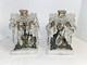 Vintage Ornate Pair Brass Filigree Crystal Prisms Candle Holders Marble Bases