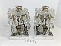 Vintage Ornate Pair Brass Filigree Crystal Prisms Candle Holders Marble Bases