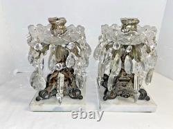 Vintage Ornate Pair Brass Filigree Crystal Prisms Candle Holders Marble Bases
