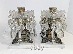 Vintage Ornate Pair Brass Filigree Crystal Prisms Candle Holders Marble Bases