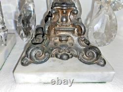 Vintage Ornate Pair Brass Filigree Crystal Prisms Candle Holders Marble Bases