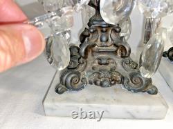 Vintage Ornate Pair Brass Filigree Crystal Prisms Candle Holders Marble Bases