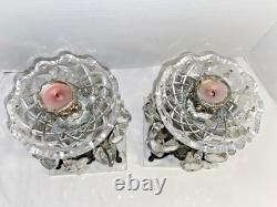 Vintage Ornate Pair Brass Filigree Crystal Prisms Candle Holders Marble Bases