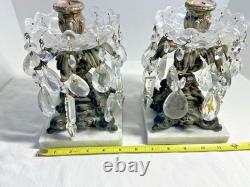 Vintage Ornate Pair Brass Filigree Crystal Prisms Candle Holders Marble Bases