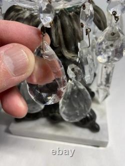 Vintage Ornate Pair Brass Filigree Crystal Prisms Candle Holders Marble Bases