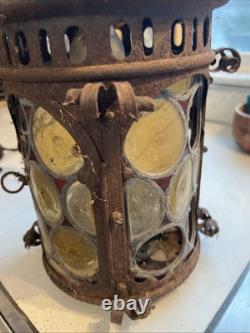Vintage Outdoor Candle Holder Hanging Metal Stained Glass