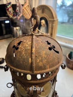 Vintage Outdoor Candle Holder Hanging Metal Stained Glass