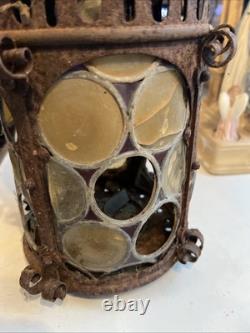 Vintage Outdoor Candle Holder Hanging Metal Stained Glass