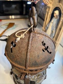 Vintage Outdoor Candle Holder Hanging Metal Stained Glass