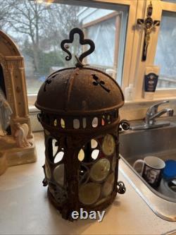 Vintage Outdoor Candle Holder Hanging Metal Stained Glass