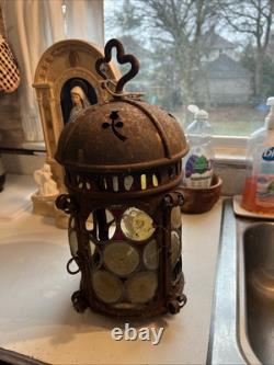 Vintage Outdoor Candle Holder Hanging Metal Stained Glass