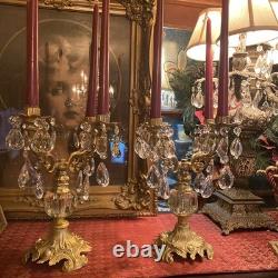 Vintage PAIR Brass 4 Arm Hollywood Regency Candelabras- Prisms- Gorgeous
