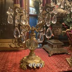 Vintage PAIR Brass 4 Arm Hollywood Regency Candelabras- Prisms- Gorgeous