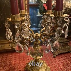Vintage PAIR Brass 4 Arm Hollywood Regency Candelabras- Prisms- Gorgeous