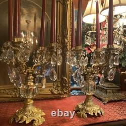 Vintage PAIR Brass 4 Arm Hollywood Regency Candelabras- Prisms- Gorgeous