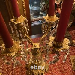 Vintage PAIR Brass 4 Arm Hollywood Regency Candelabras- Prisms- Gorgeous