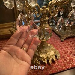 Vintage PAIR Brass 4 Arm Hollywood Regency Candelabras- Prisms- Gorgeous