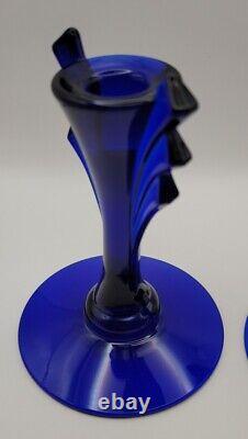 Vintage PAIR of Duncan Miller 6 COBALT Glass No 16 Candlesticks Candle Holders