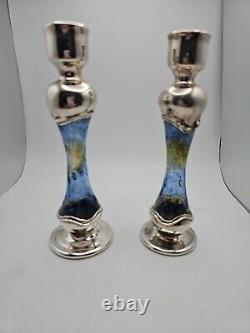 Vintage Pair 925 Silver and Blue Stained Glass Candle Holders