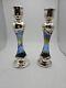 Vintage Pair 925 Silver And Blue Stained Glass Candle Holders