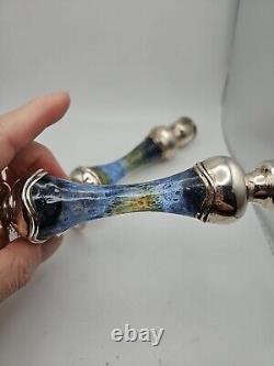 Vintage Pair 925 Silver and Blue Stained Glass Candle Holders