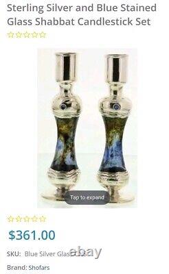 Vintage Pair 925 Silver and Blue Stained Glass Candle Holders