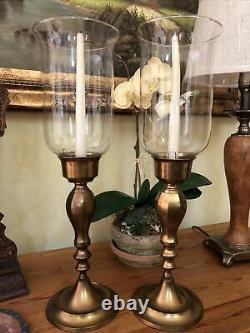 Vintage Pair Antique Brass Candle Holders Table Sconces, Glass Hurricanes 20.5
