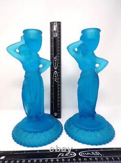 Vintage Pair Art Deco Aqua Blue Satin Frosted Glass Greek Goddess Candle Holders