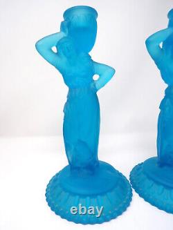 Vintage Pair Art Deco Aqua Blue Satin Frosted Glass Greek Goddess Candle Holders