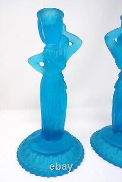 Vintage Pair Art Deco Aqua Blue Satin Frosted Glass Greek Goddess Candle Holders