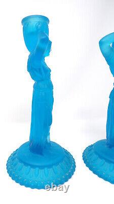 Vintage Pair Art Deco Aqua Blue Satin Frosted Glass Greek Goddess Candle Holders