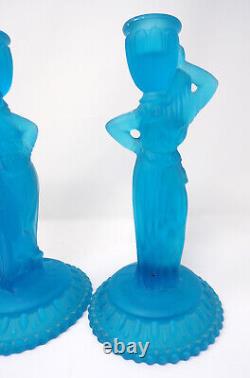 Vintage Pair Art Deco Aqua Blue Satin Frosted Glass Greek Goddess Candle Holders