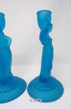 Vintage Pair Art Deco Aqua Blue Satin Frosted Glass Greek Goddess Candle Holders