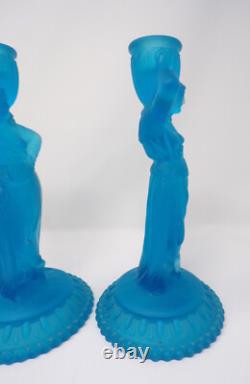 Vintage Pair Art Deco Aqua Blue Satin Frosted Glass Greek Goddess Candle Holders Vintage Pair Art Deco Aqua Blue Satin Frosted Glass Greek Goddess Candle Holders