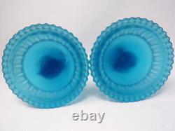 Vintage Pair Art Deco Aqua Blue Satin Frosted Glass Greek Goddess Candle Holders