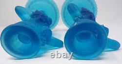 Vintage Pair Art Deco Aqua Blue Satin Frosted Glass Greek Goddess Candle Holders