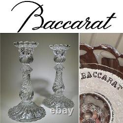 Vintage Pair BACCARAT CRYSTAL Bambous Swirl Heavy 9 Candlesticks Candle Holders