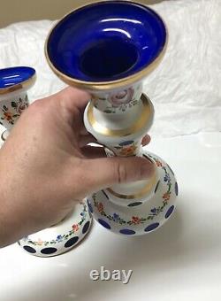 Vintage Pair Bohemian Blue Cobalt Cut Glass Hand Painted Candlesticks