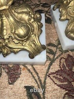 Vintage Pair Brass Filigree Crystal Prisms Candle Holders Italian Marble Bases