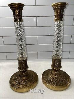 Vintage Pair French Empire Style Gilt Bronze and Crystal Candlesticks 13 H