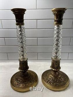 Vintage Pair French Empire Style Gilt Bronze and Crystal Candlesticks 13 H